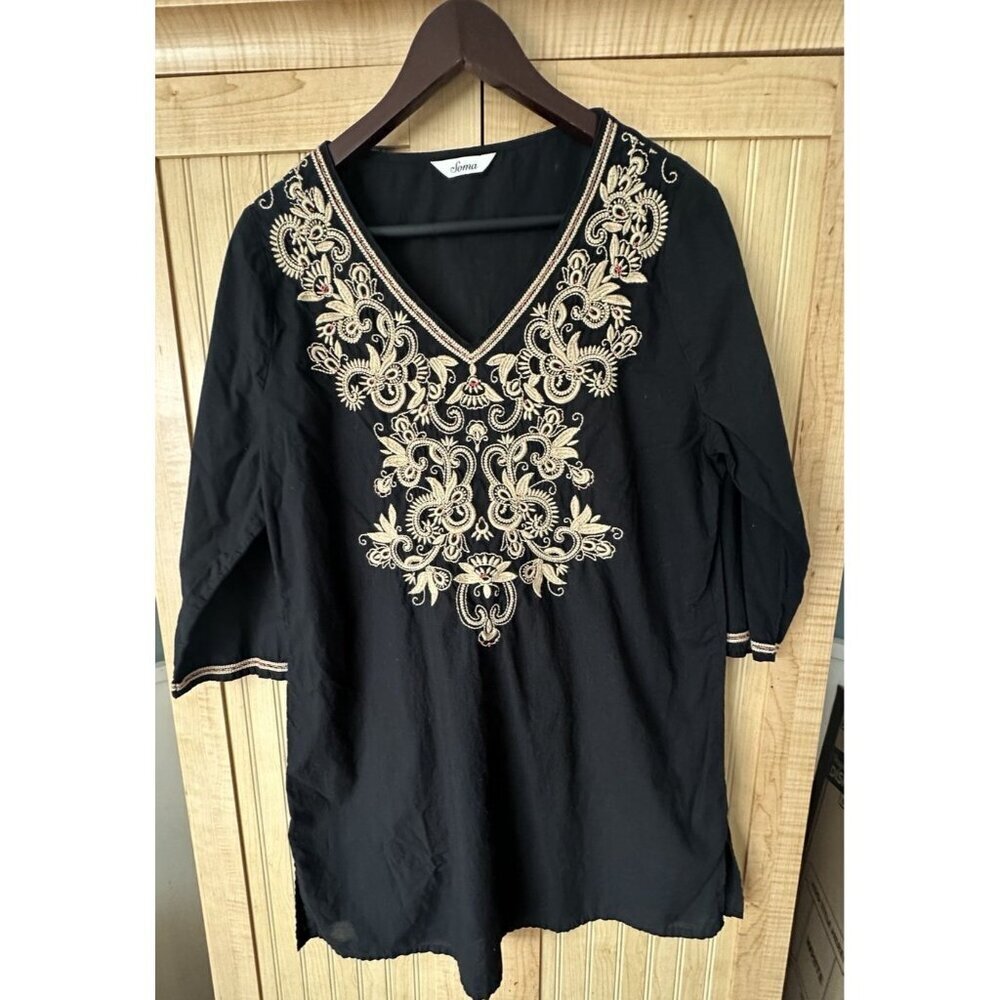 Soma Embroidered Lightweight Tunic Swim Cover Up 3/4‎ Sleeve Black Tan, Medium?